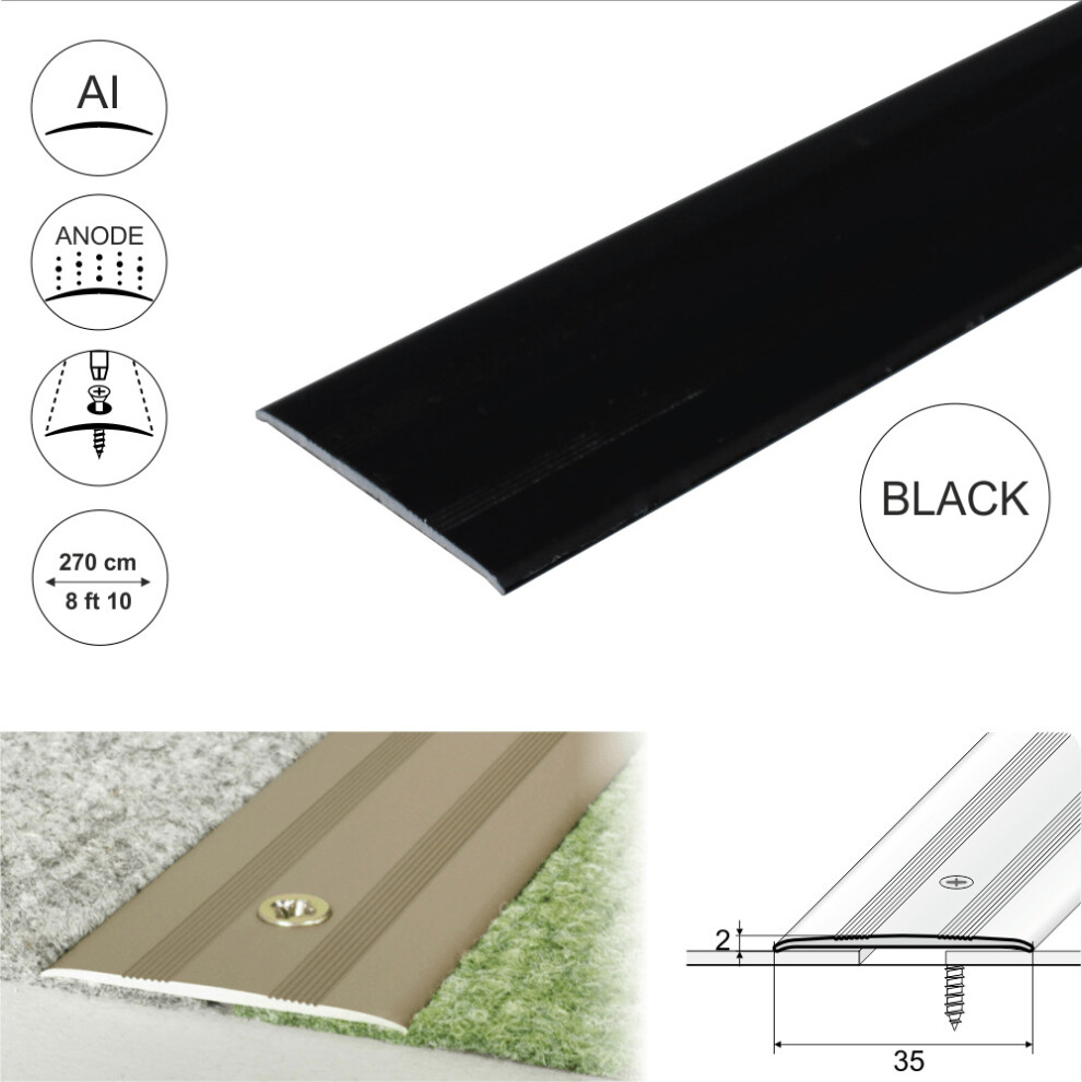 (2.7m, Black) A08 35mm Anodised Aluminium Flat Door Threshold Profile