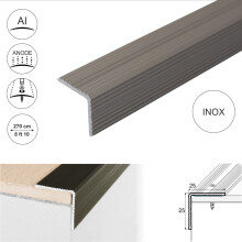 (2.7m, Inox) A40 25 x 25mm Anodised Aluminium Non Slip Ribbed Treads Stair Nosing Edge Trim