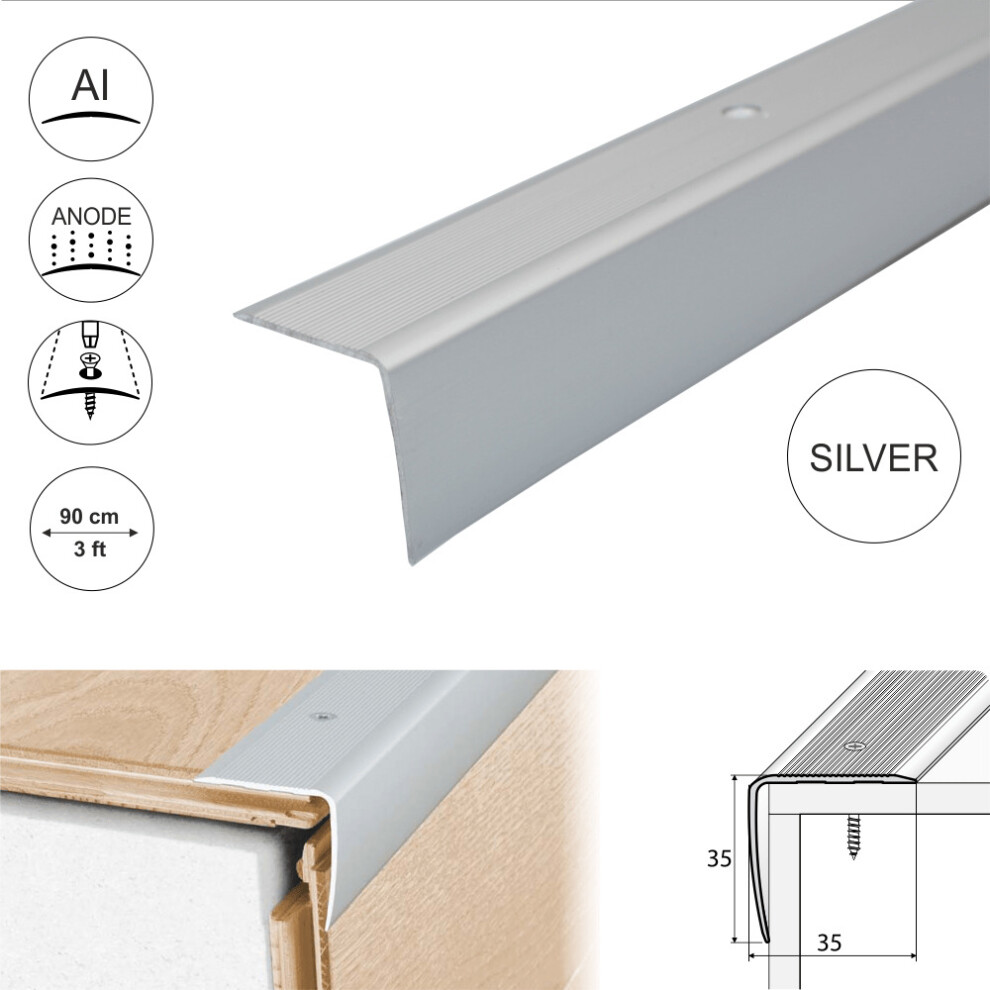 (0.9m, Silver) A41 35 x 35mm Anodised Aluminium Non Slip Ribbed Treads Stair Nosing Edge Trim
