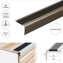 (0.9m, Champagne) A44 41 x 26.6mm Anodised Aluminium Non Slip Stair Nosing Edge Trim With Tape
