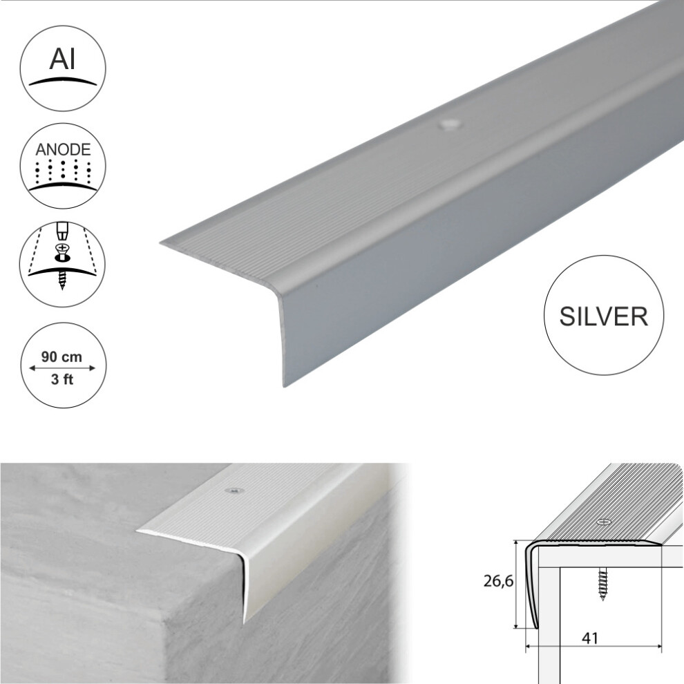 (0.9M, Silver) A42 41 X 26.6Mm Anodised Aluminium Non Slip Ribbed Treads Stair Nosing Edge Trim 5908293115058