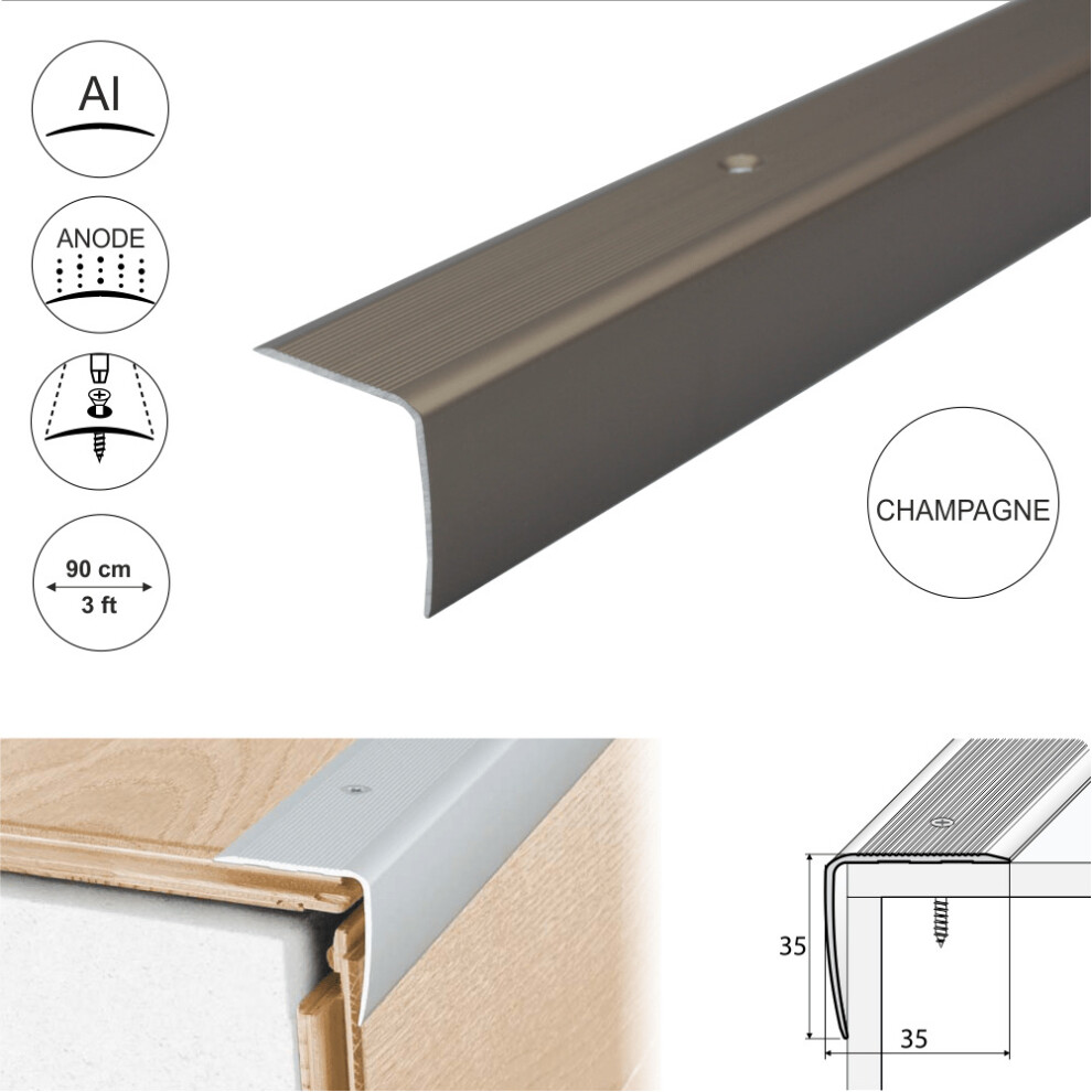 (0.9M, Champagne) A41 35 X 35Mm Anodised Aluminium Non Slip Ribbed Treads Stair Nosing Edge Trim 5908293114891
