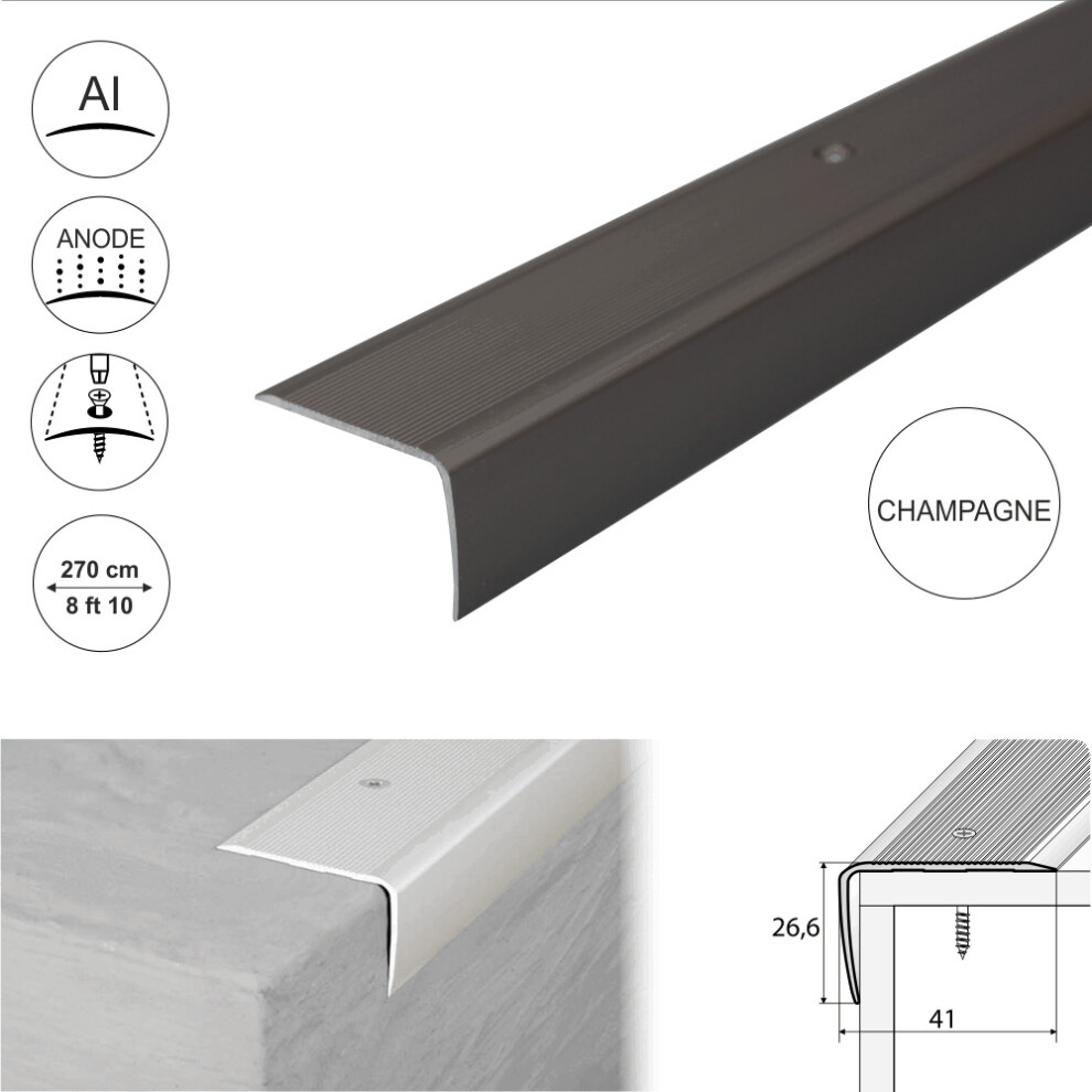 (2.7M, Champagne) A42 41 X 26.6Mm Anodised Aluminium Non Slip Ribbed Treads Stair Nosing Edge Trim 5908293115126