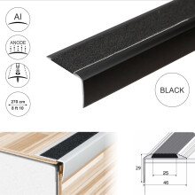 (2.7m, Black) A44 41 x 26.6mm Anodised Aluminium Non Slip Stair Nosing Edge Trim With Tape