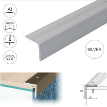 (2.7m, Silver) A35 20 x 20mm Anodised Aluminium Non Slip Ribbed Treads Stair Nosing Edge Trim