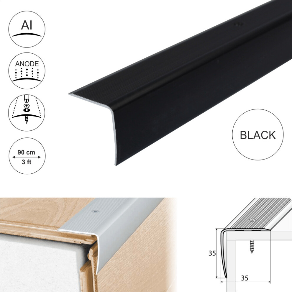 (0.9m, Black) A41 35 x 35mm Anodised Aluminium Non Slip Ribbed Treads Stair Nosing Edge Trim