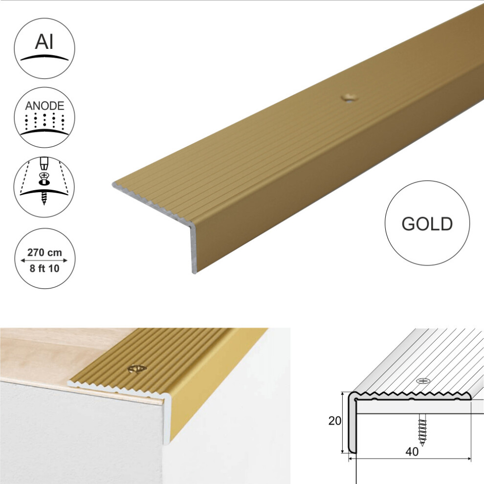 (2.7m, Gold) A33 40x20mm Anodised Aluminium Non Slip Ribbed Treads Stair Nosing Edge