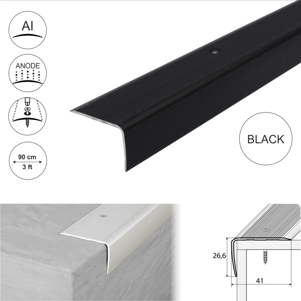 (0.9M, Black) A42 41 X 26.6Mm Anodised Aluminium Non Slip Ribbed Treads Stair Nosing Edge Trim 5908293128867