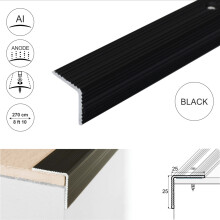 (2.7m, Black) A40 25 x 25mm Anodised Aluminium Non Slip Ribbed Treads Stair Nosing Edge Trim