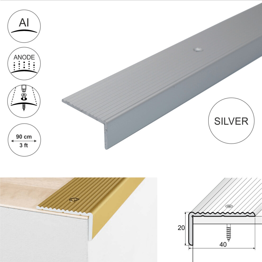 (0.9M, Silver) A33 40X20mm Anodised Aluminium Non Slip Ribbed Treads Stair Nosing Edge 5907791813626