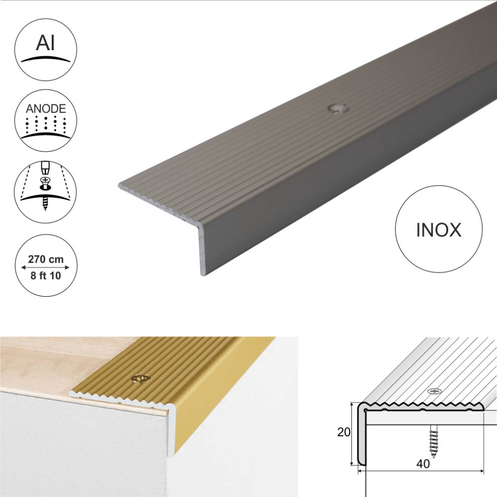 (2.7M, Inox) A33 40X20mm Anodised Aluminium Non Slip Ribbed Treads Stair Nosing Edge 5908293129338