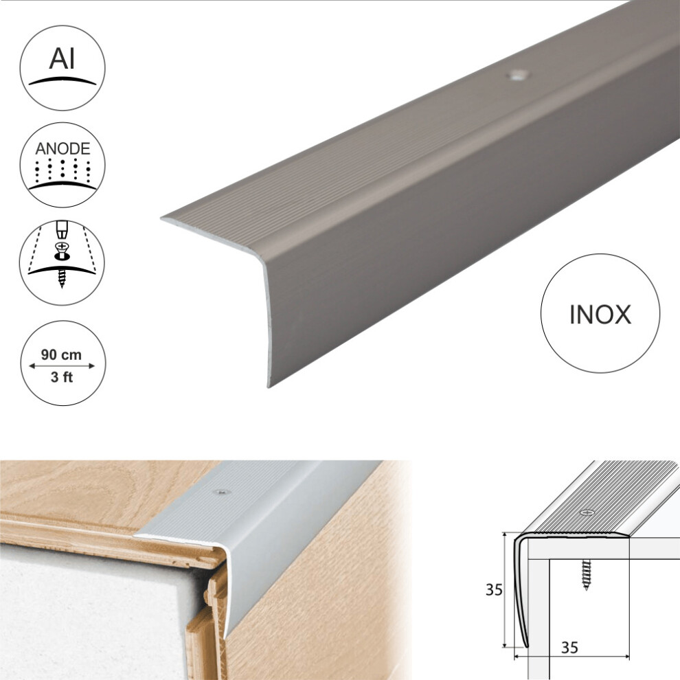 (0.9M, Inox) A41 35 X 35Mm Anodised Aluminium Non Slip Ribbed Treads Stair Nosing Edge Trim 5908293128898