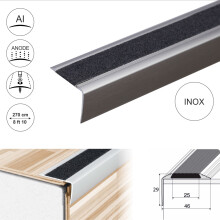 (2.7m, Inox) A44 41 x 26.6mm Anodised Aluminium Non Slip Stair Nosing Edge Trim With Tape