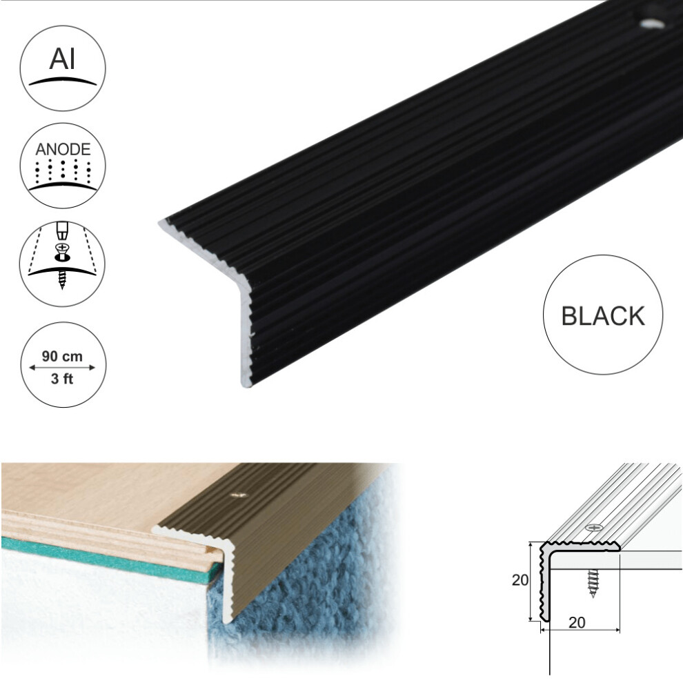 Photos - Other for Repair  A35 20 x 20mm Anodised Aluminium Non Slip Ribbed Treads Stair Nosing Edge Trim(0.9m, Black)