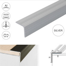 (2.7m, Silver) A40 25 x 25mm Anodised Aluminium Non Slip Ribbed Treads Stair Nosing Edge Trim
