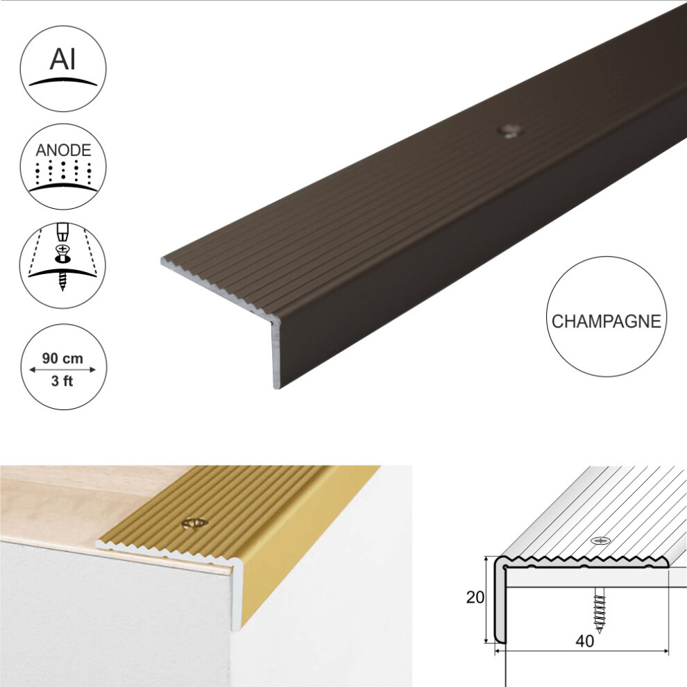 (0.9M, Champagne) A33 40X20mm Anodised Aluminium Non Slip Ribbed Treads Stair Nosing Edge 5907791813633