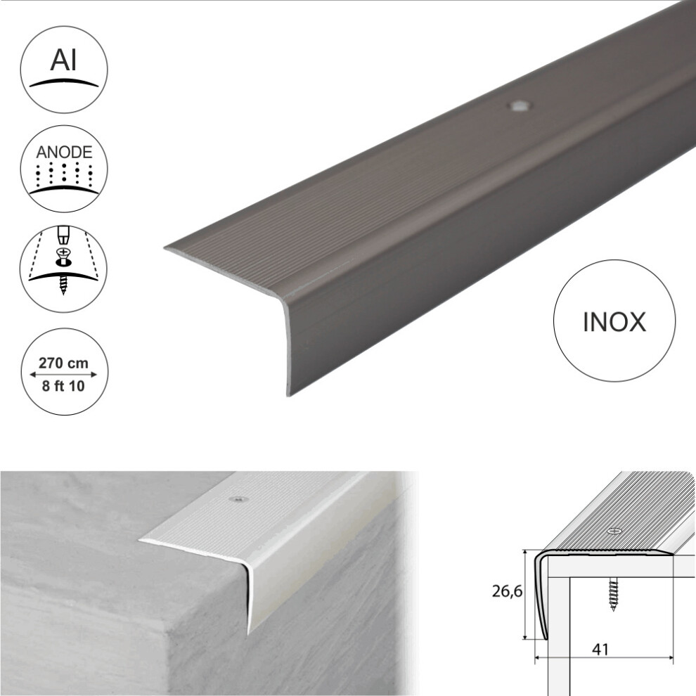 (2.7M, Inox) A42 41 X 26.6Mm Anodised Aluminium Non Slip Ribbed Treads Stair Nosing Edge Trim 5908293129284