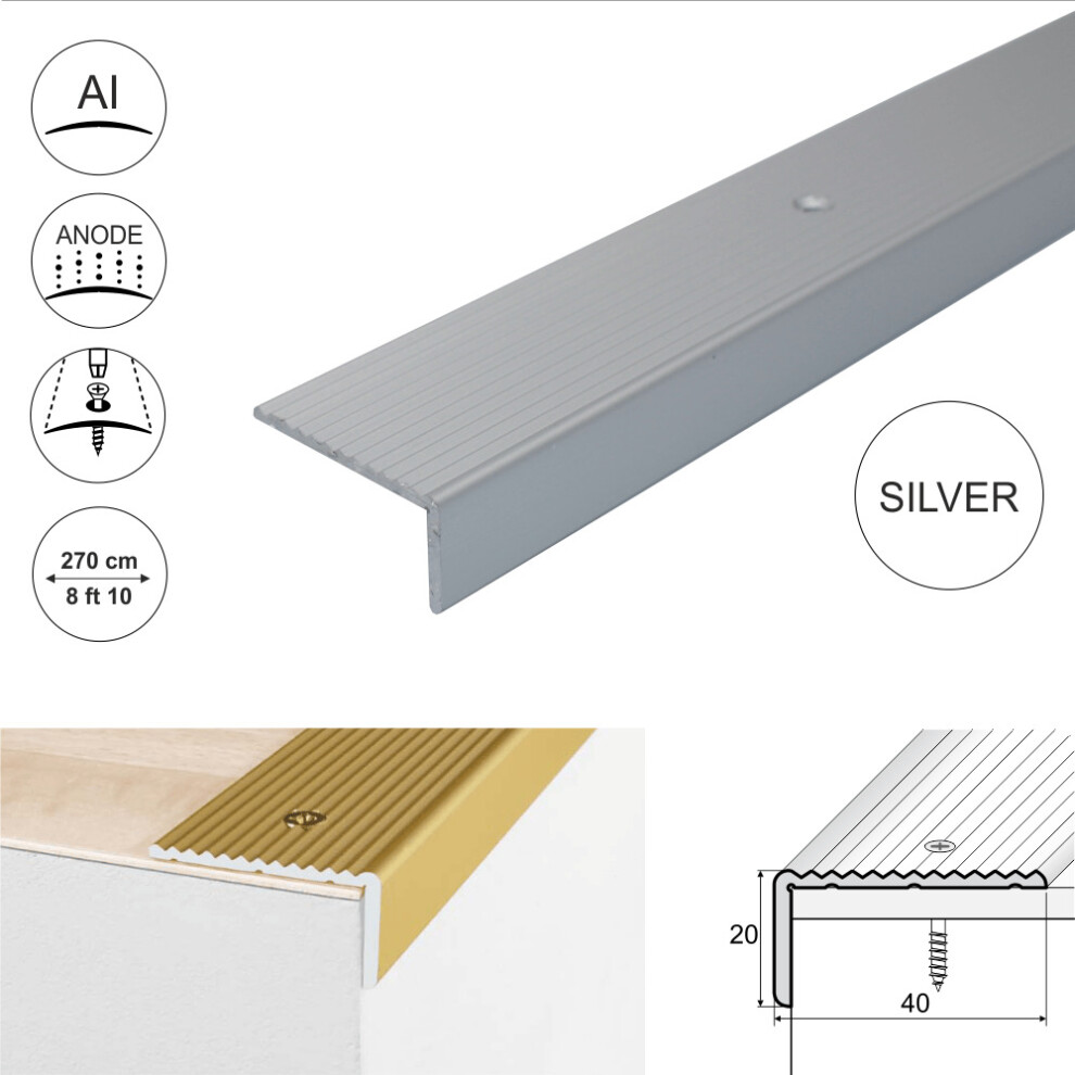 (2.7M, Silver) A33 40X20mm Anodised Aluminium Non Slip Ribbed Treads Stair Nosing Edge 5907791813763