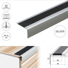(0.9m, Silver) A44 41 x 26.6mm Anodised Aluminium Non Slip Stair Nosing Edge Trim With Tape