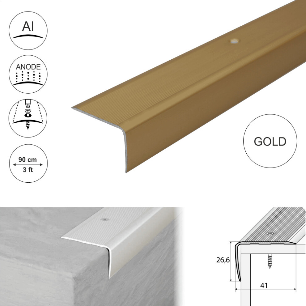 (0.9M, Gold) A42 41 X 26.6Mm Anodised Aluminium Non Slip Ribbed Treads Stair Nosing Edge Trim 5908293115010