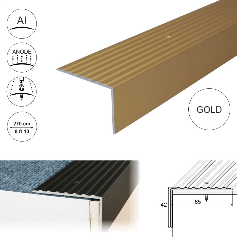 (2.7m, Gold) A32 65 x 42mm Anodised Aluminium Non Slip Ribbed Treads Stair Nosing Edge Trim
