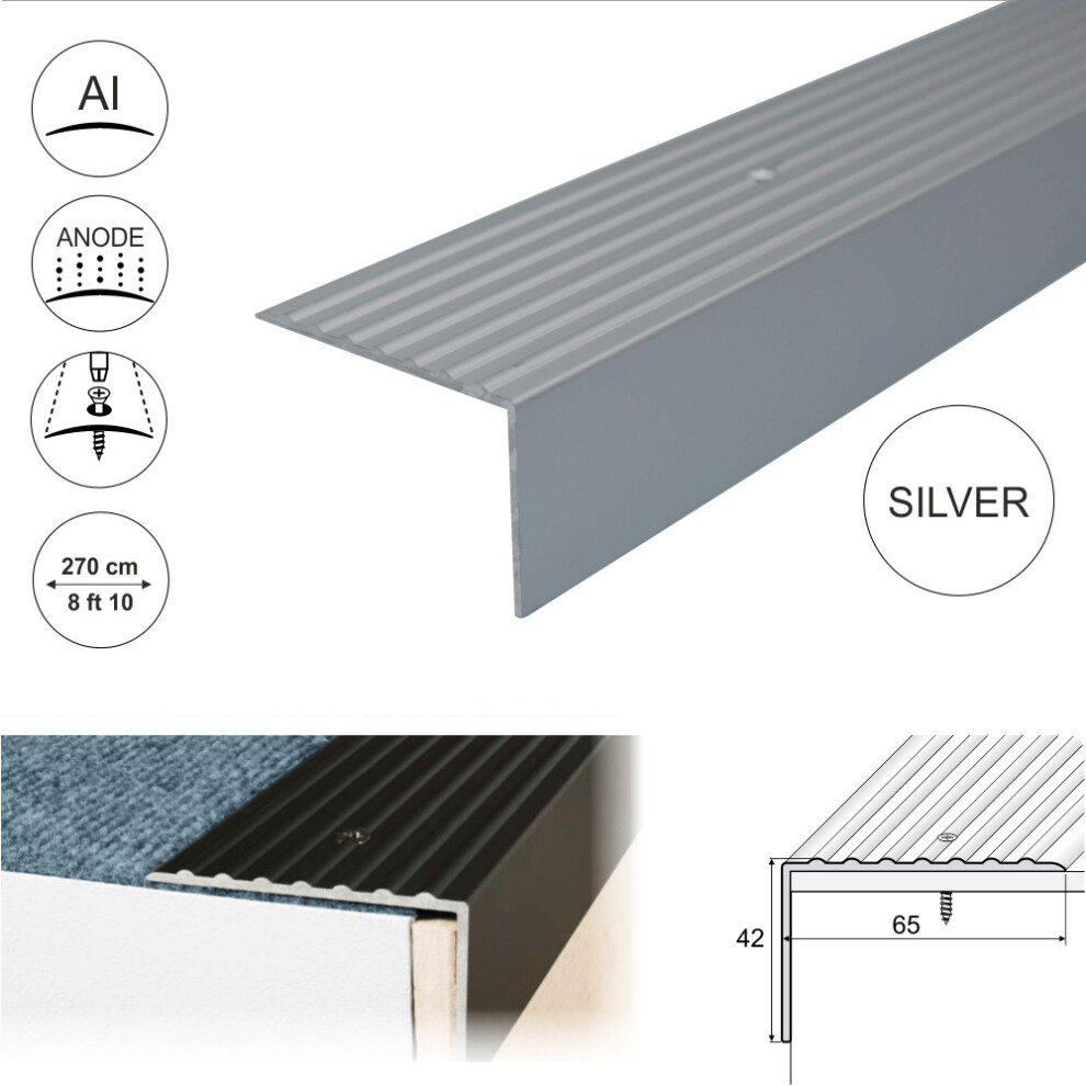 (2.7m, Silver) A32 65 x 42mm Anodised Aluminium Non Slip Ribbed Treads Stair Nosing Edge Trim