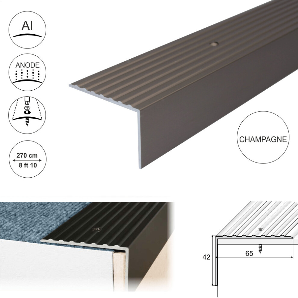 (2.7M, Champagne) A32 65 X 42Mm Anodised Aluminium Non Slip Ribbed Treads Stair Nosing Edge Trim 5907791813473