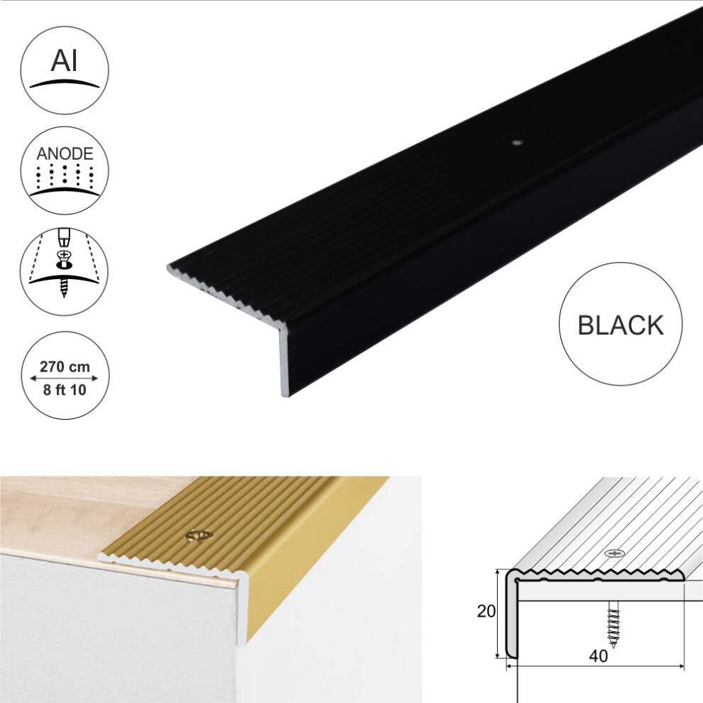(2.7m, Black) A33 40x20mm Anodised Aluminium Non Slip Ribbed Treads Stair Nosing Edge