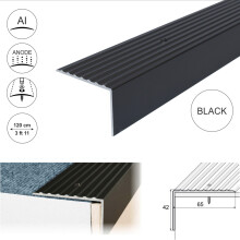 (1.2m, Black) A32 65 x 42mm Anodised Aluminium Non Slip Ribbed Treads Stair Nosing Edge Trim