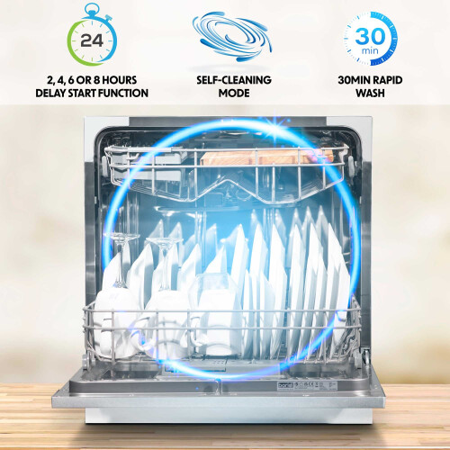 Dellonda Compact Tabletop Dishwasher 8 Place Settings, 6 Programmes, Low Noise, 8L Cycle - White - DH86 2