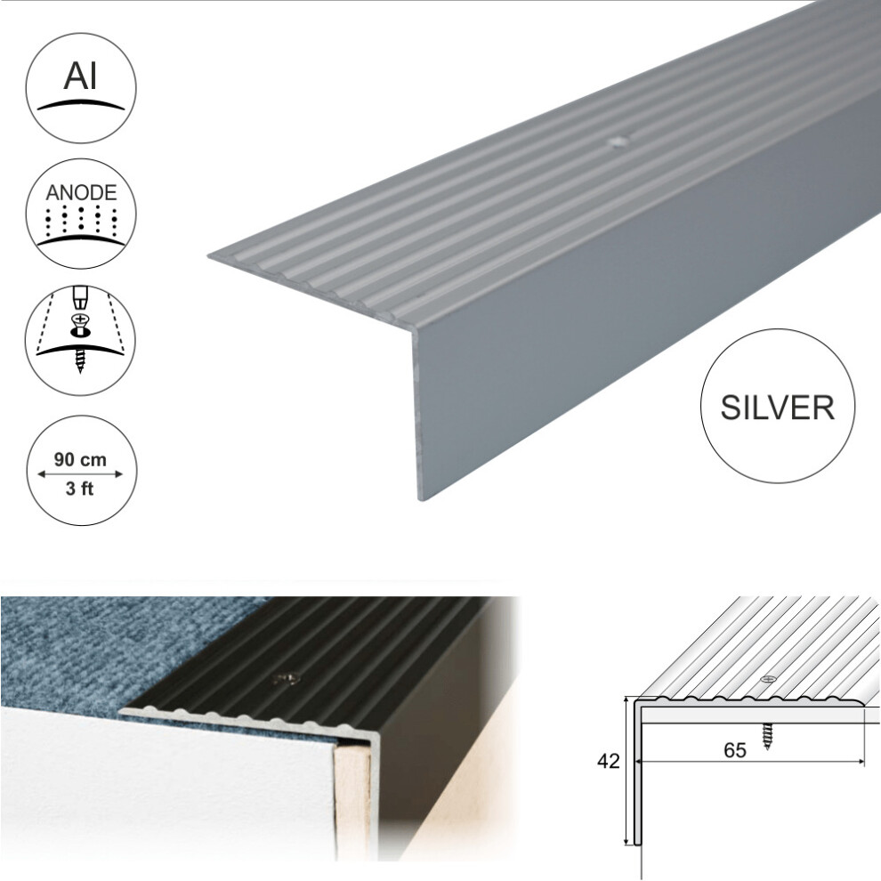 (0.9M, Silver) A32 65 X 42Mm Anodised Aluminium Non Slip Ribbed Treads Stair Nosing Edge Trim 5907791813329