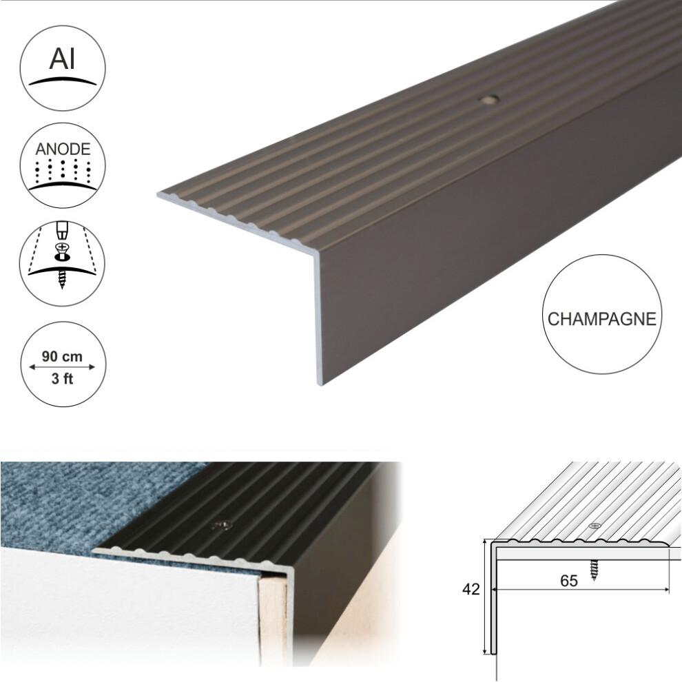 (0.9m, Champagne) A32 65 x 42mm Anodised Aluminium Non Slip Ribbed Treads Stair Nosing Edge Trim