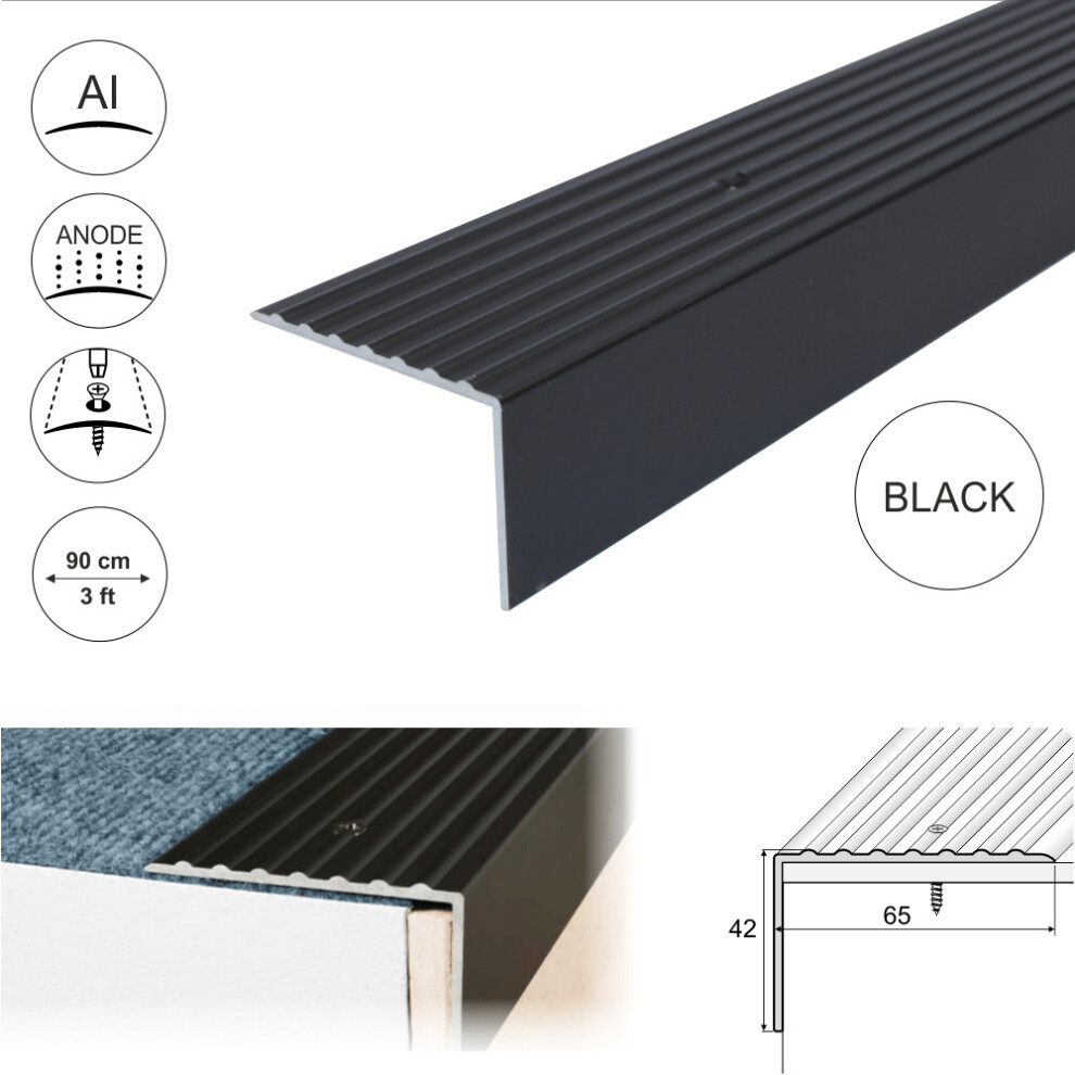 (0.9m, Black) A32 65 x 42mm Anodised Aluminium Non Slip Ribbed Treads Stair Nosing Edge Trim