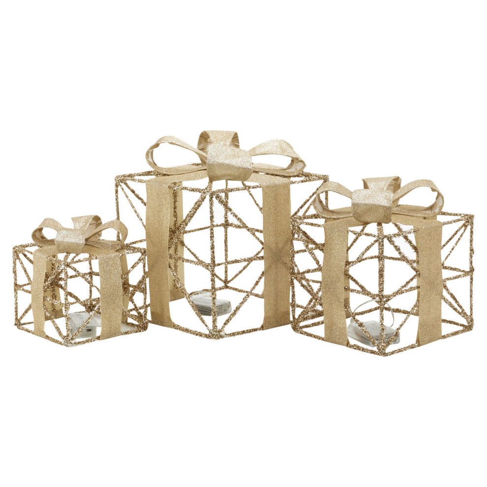 (Gold) Nested 3 Pcs Gold Silver LED Light Gift Boxes Bow