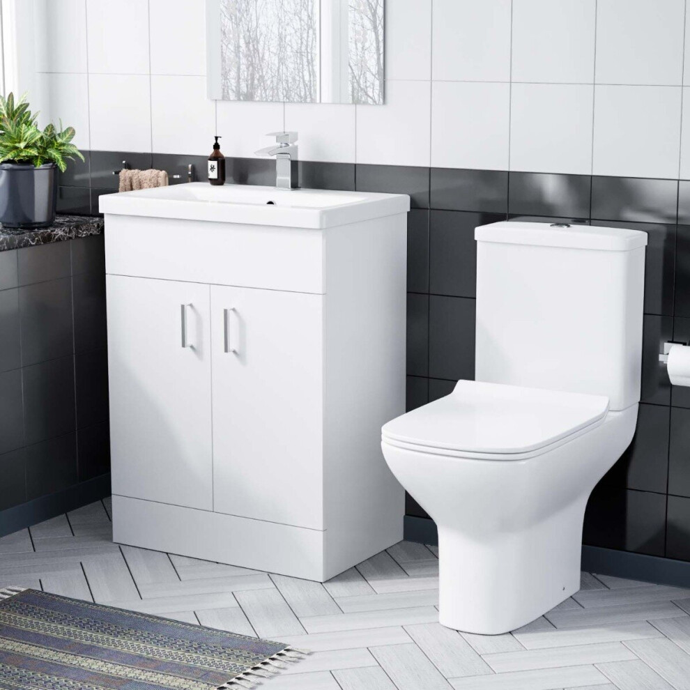 600mm Floorstanding White Basin Vanity & Rimless Close Coupled Toilet Flat Pack