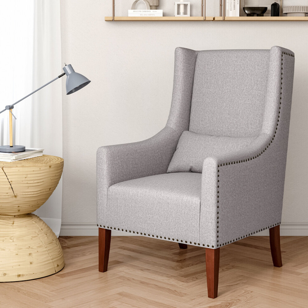 Burlap High Back Studded Armchair with Cushion