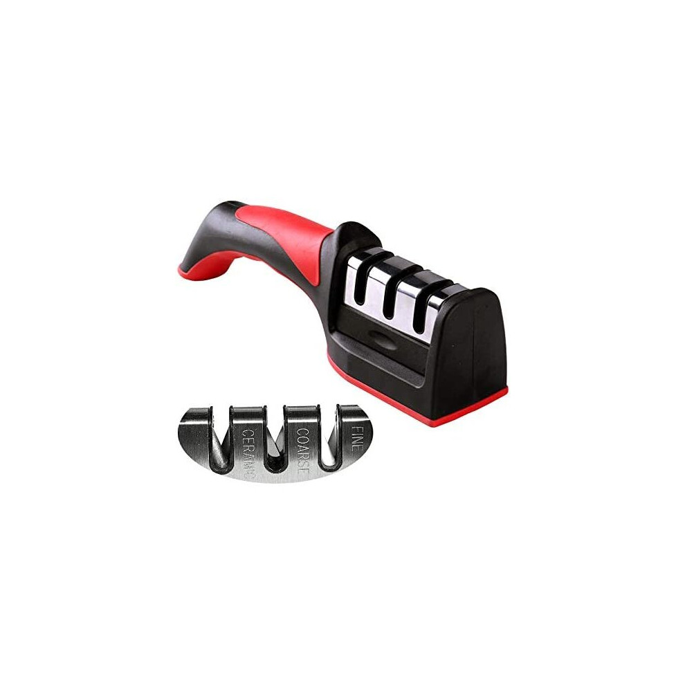 (3 Stage Sharpener) Kitchen Knife Sharpener, Manual Sharpening Professional, 3 Stage Knife and Scissors Sharpener with Non-Slip Base Diamond Tungsten Steel and