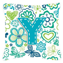 Letter Y Flowers And Butterflies Teal Blue Canvas Fabric Decorative Pillow