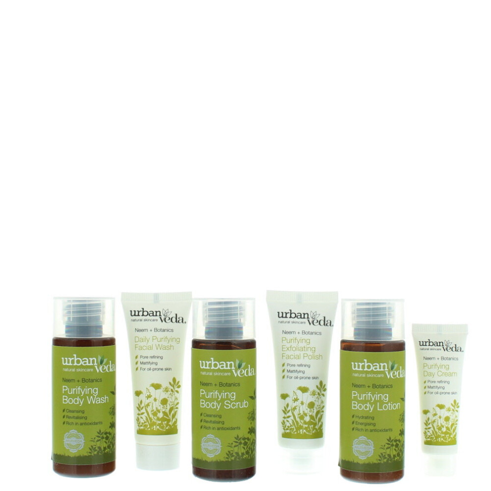 Urban Veda Purifying 6 Pieces Gift Set : Body Wash 50ml - Body Scrub 50ml - Body Lotion 50ml - Facial Wash 20ml - Facial Polish 20ml - Day Cream 10ml