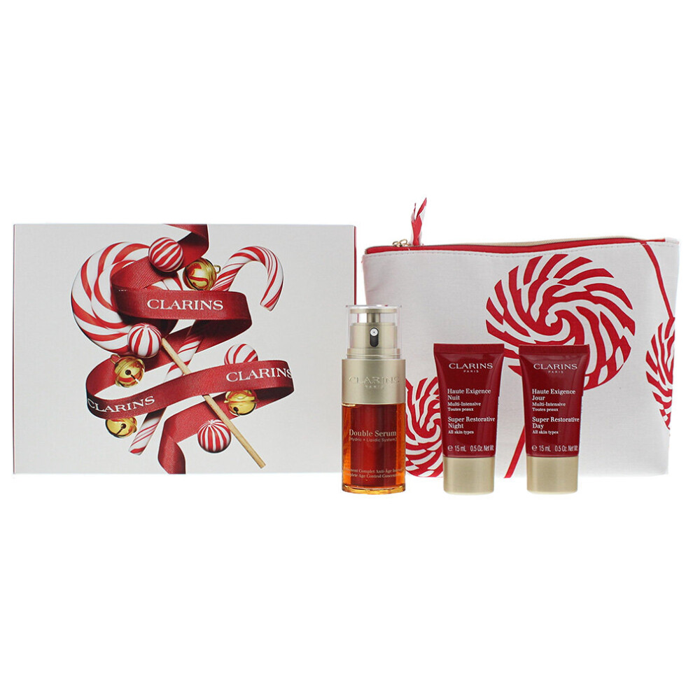 Clarins Double Serum 4 Piece Gift Set: Double Serum 30ml - Super Restorative Day Cream 15ml - Super Restorative Night Cream 15ml - Pouch