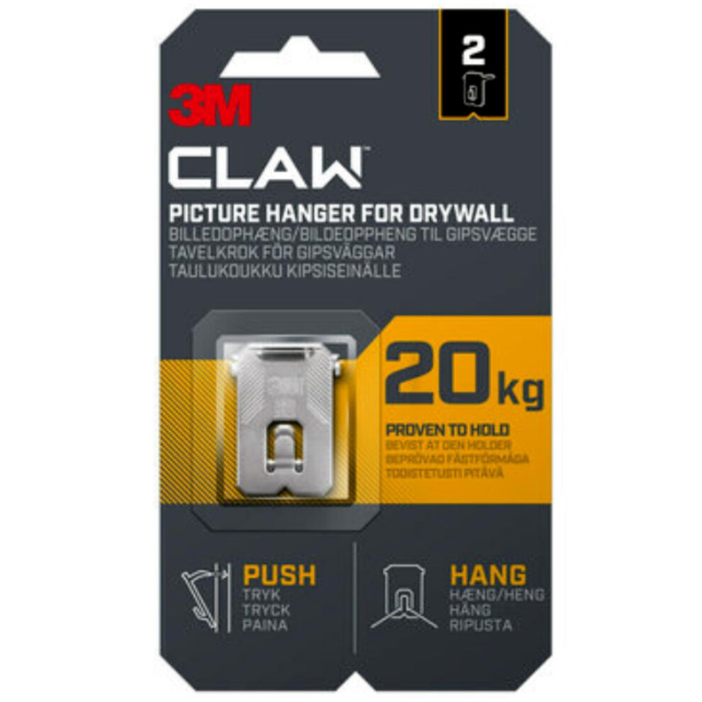 3M Claw Drywall Picture Hanger Push & Hang Holds 45 Lbs (20Kg) 2Pk