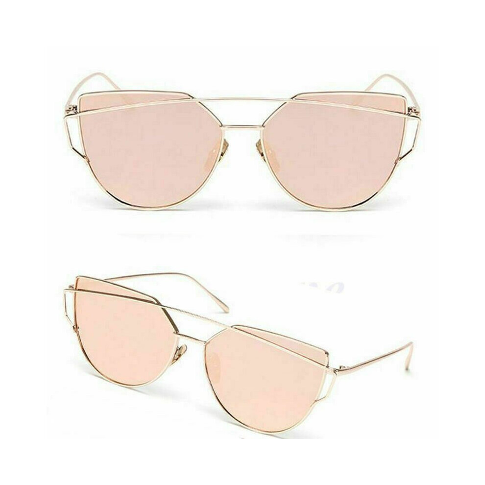 (Gold) Vintage Retro UV400 Women's Rose Gold Cat Eye Ladies Large Mirrored Sunglasses