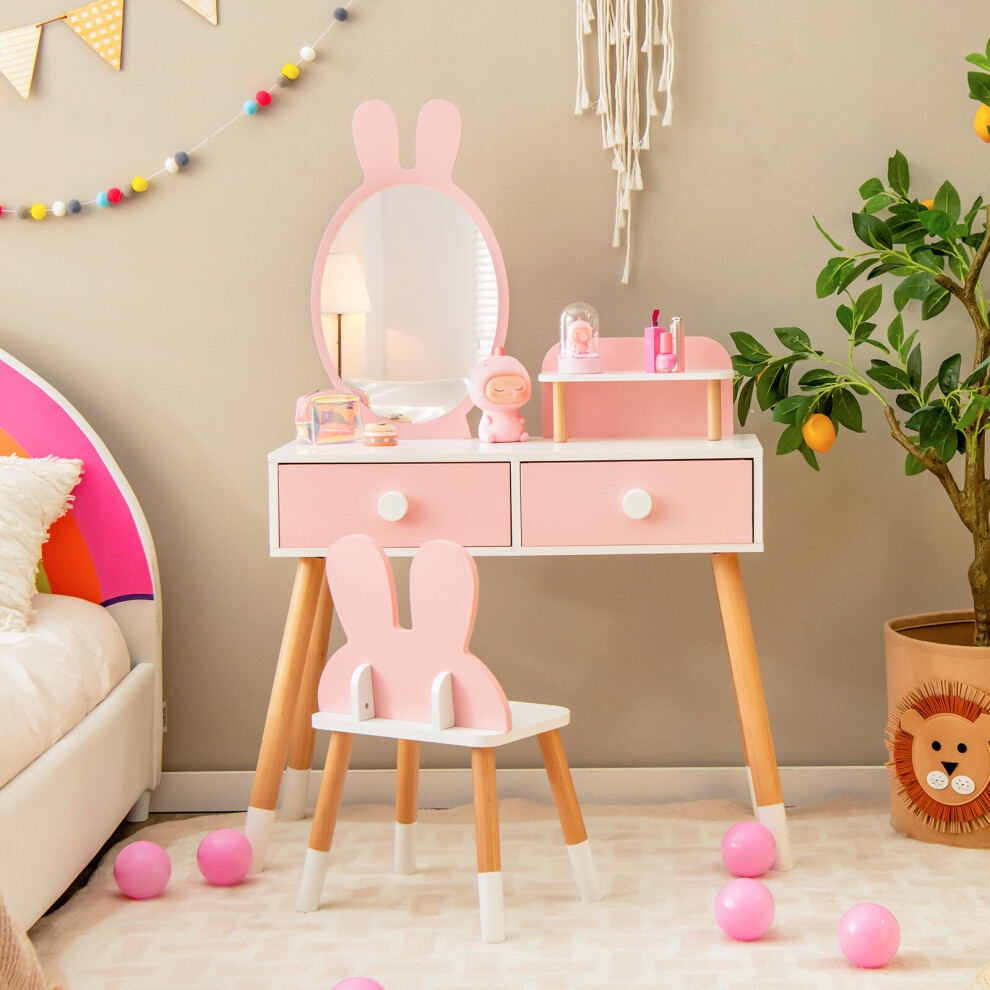2 in 1 Kids Vanity Table and Chair Set with Mirror & 2 Drawers Pink