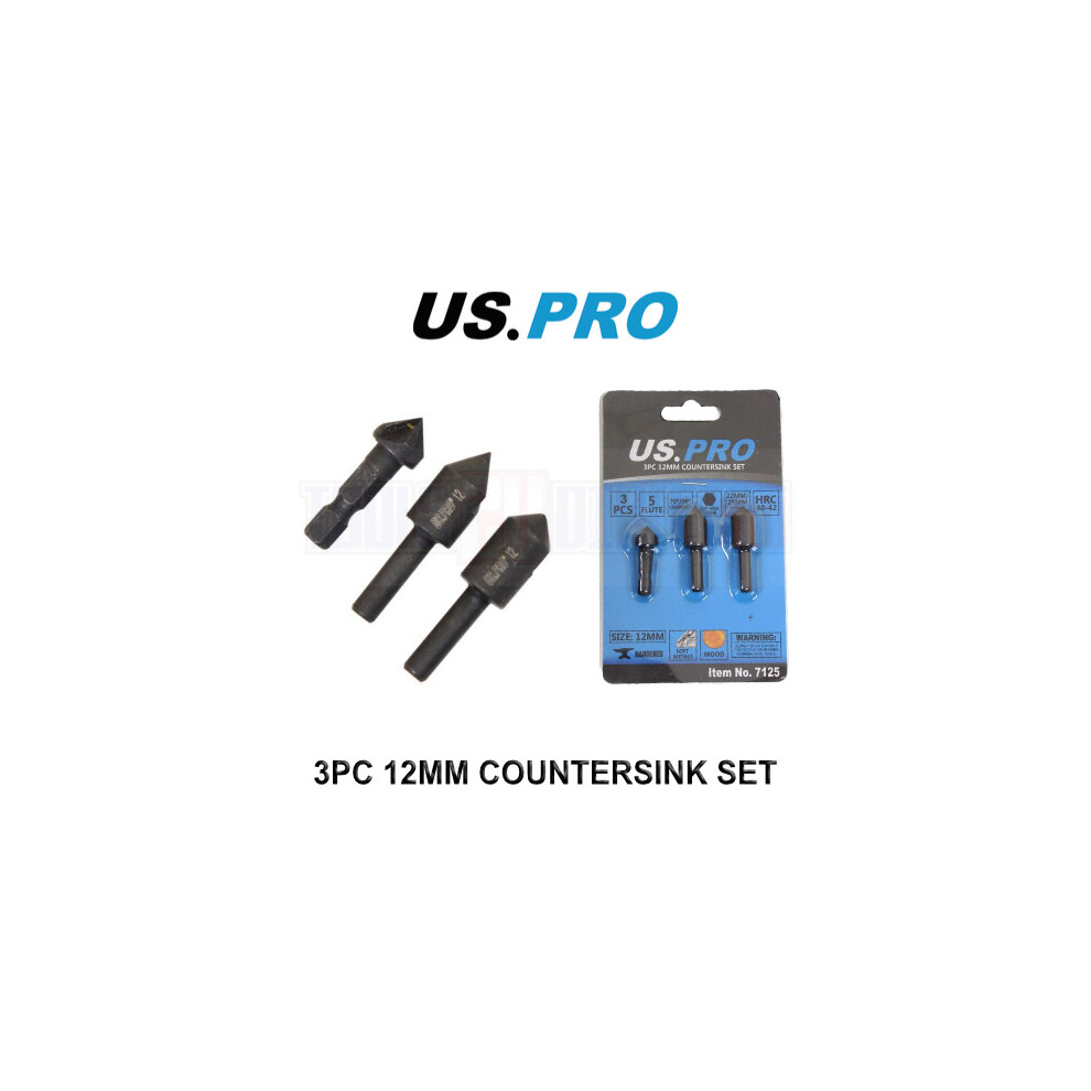 US PRO Tools 3PC 12mm Countersink Drill Bit Set 7125