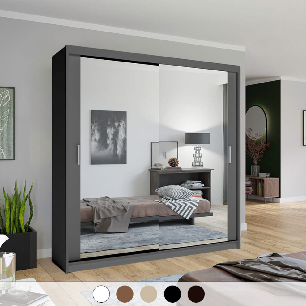 (Grey, 203cm) MN Furniture Hamburg Mirrored Double Sliding Door Wardrobe