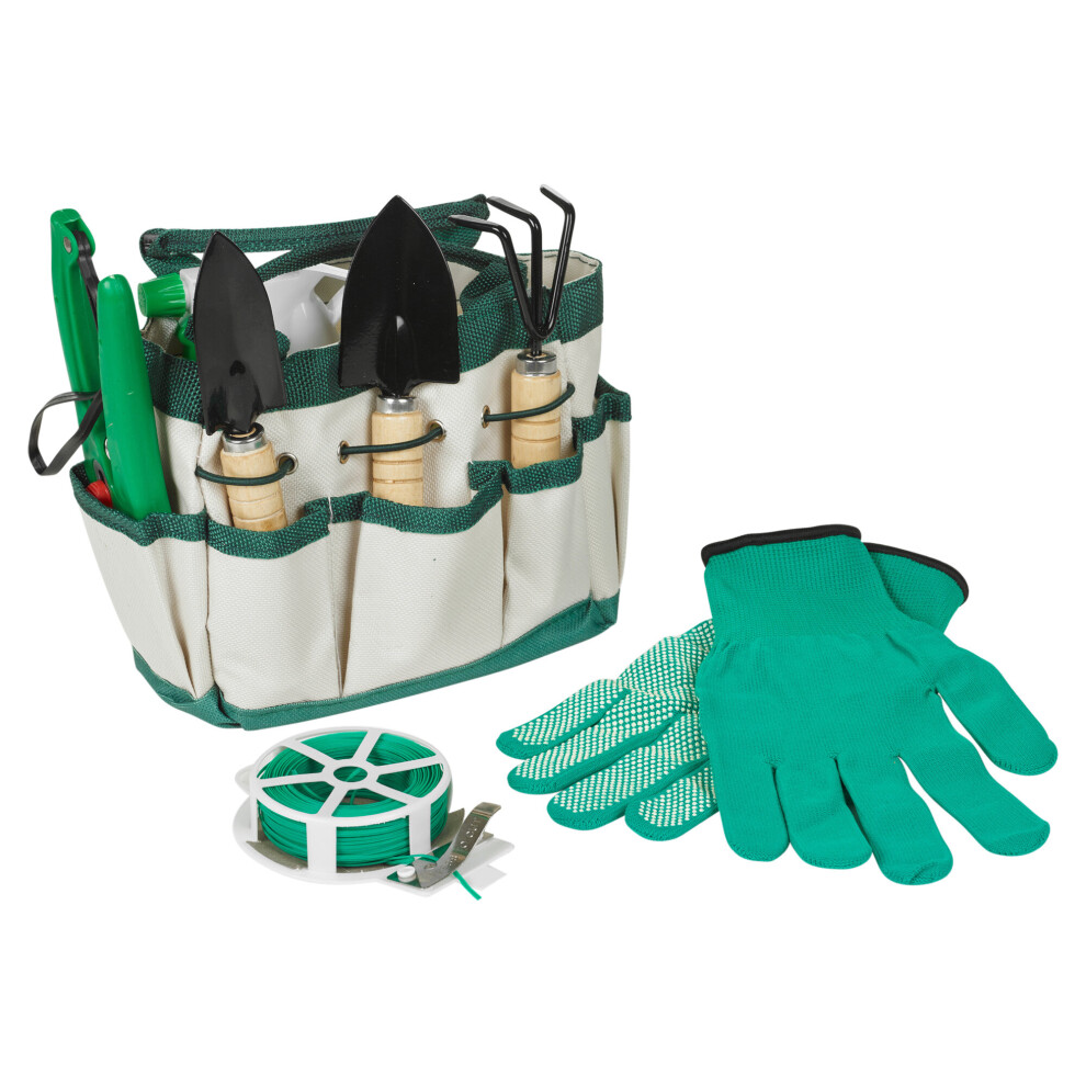 8 Pcs Garden Hand Tool Set Wood Metal Gloves Storage Bag Digging Weeds