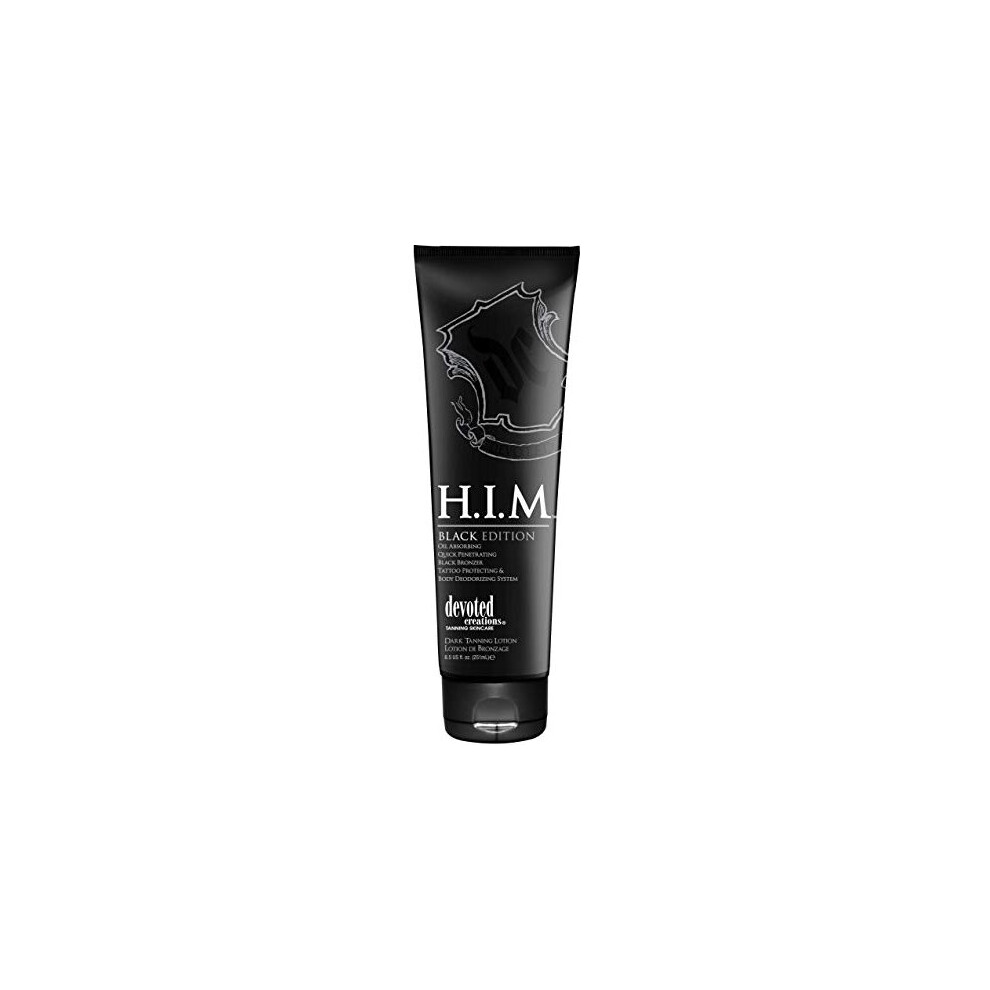 Devoted Creations H.I.M. Black Edition, Oil Absorbing Quick Penetrating Black Tan Lotion Bronzer, 8.5 oz.