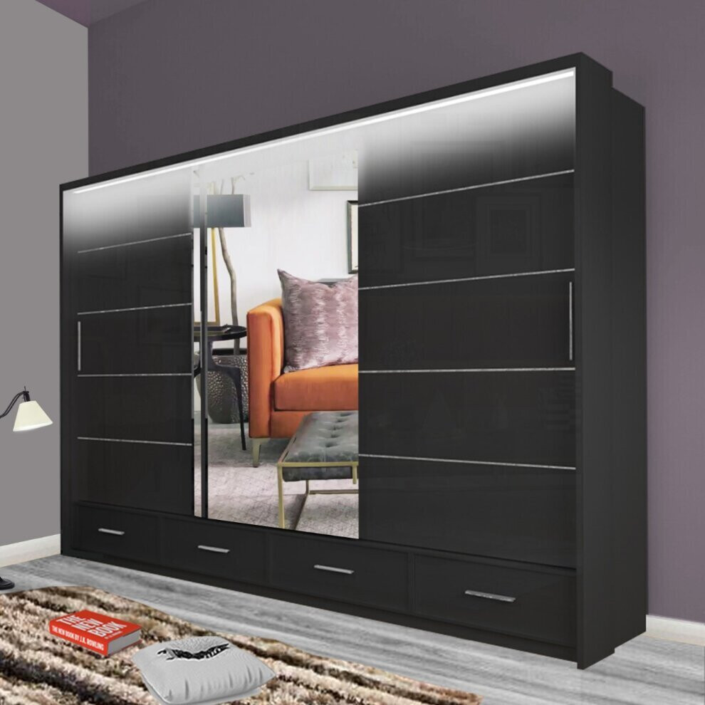 (Black, 255cm) Sycyila High Gloss and Mirror Sliding Bedroom Wardrobes