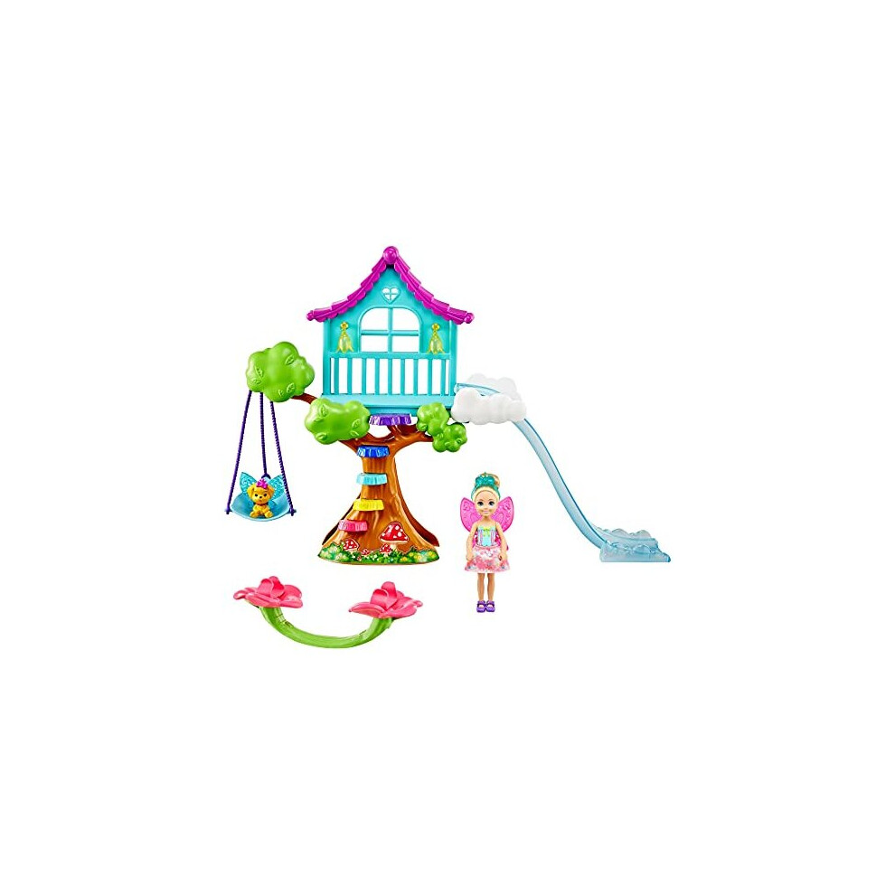 Barbie Dreamtopia Chelsea Fairy Doll E Fairytale Treehouse Playset Con Altalena, Scivolo, Animale Domestico E Accesso-image