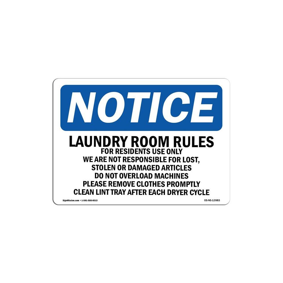 SignMission OS-NS-D-1218-L-13983 OSHA Notice Sign - Laundry Room Rules for Residents Use Only-image-OPC-PB5S8KR-NEW